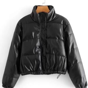 Women's Black Pleather Puffer Jacket